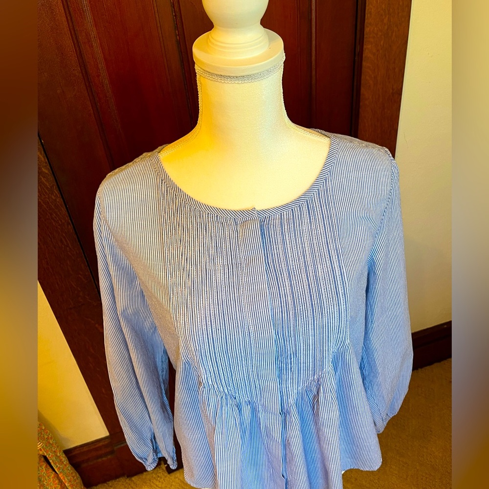 LuckyBrand Blue and white pinstriped top-large-pleated and buttons in front.